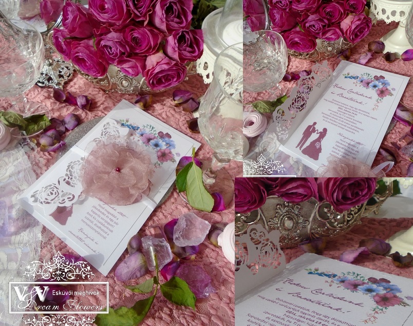 Esküvői meghívó gyöngyös  organza virággal