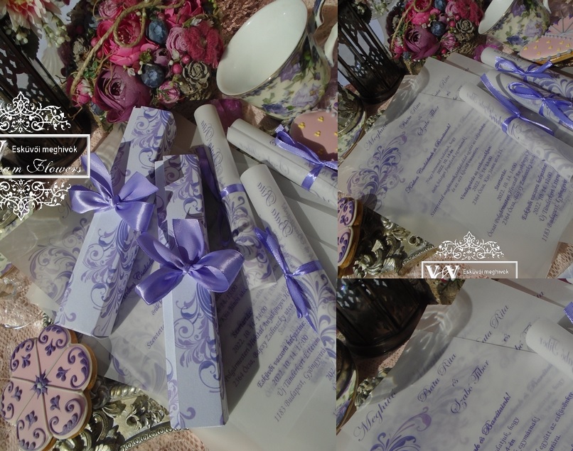 Díszdobozos pausz tekercs esküvői meghívó levendula lila mintával