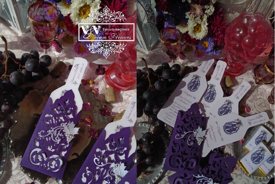Borosüveg alakú lila esküvői meghívó szőlős-boros esküvőre 