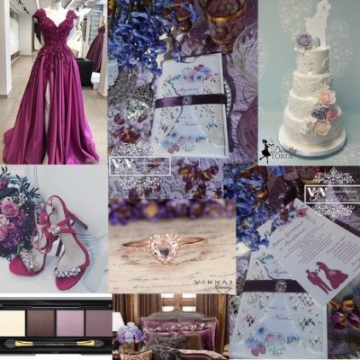Padlizsán lila szalagos esküvői meghívó bross dísszel lila-kék álomesküvőhöz