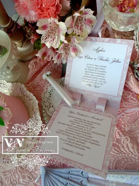 Rózsaszín esküvői meghívó üveg kémcsővel art deco stílussal