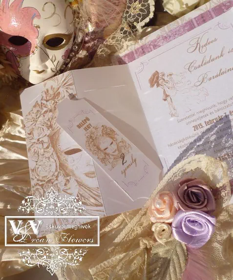 Esküvői meghívó Velencei karneváli báli stílusban
