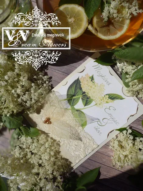 Esküvői meghívó csipkével és fátyollevelekkel bodzás vintage grafikával
