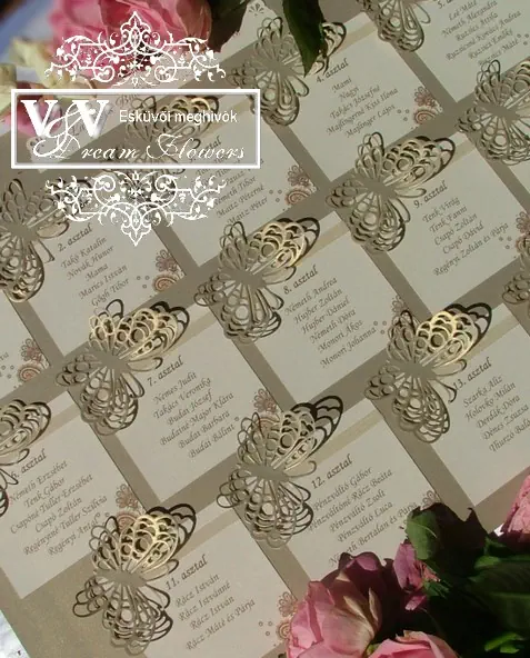Rózsaszín arany színű gyöngyös selyemvirágos esküvői ültetési rend