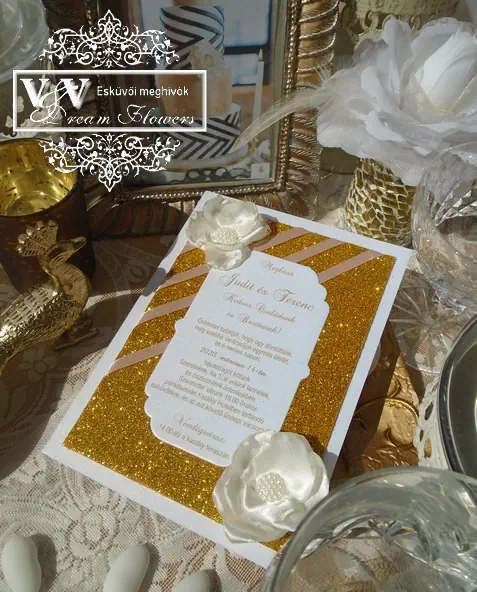 Hőlégballonos - léghajós esküvői meghívó rosegold glitteres szalaggal