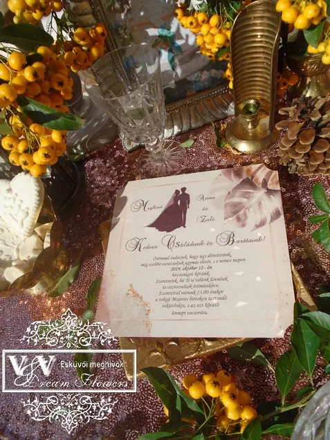 Esküvői meghívó kártya bronz filodendron levéllel