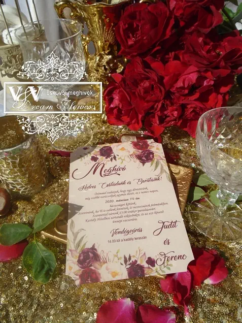Esküvői meghívó bordó rózsás grafikával