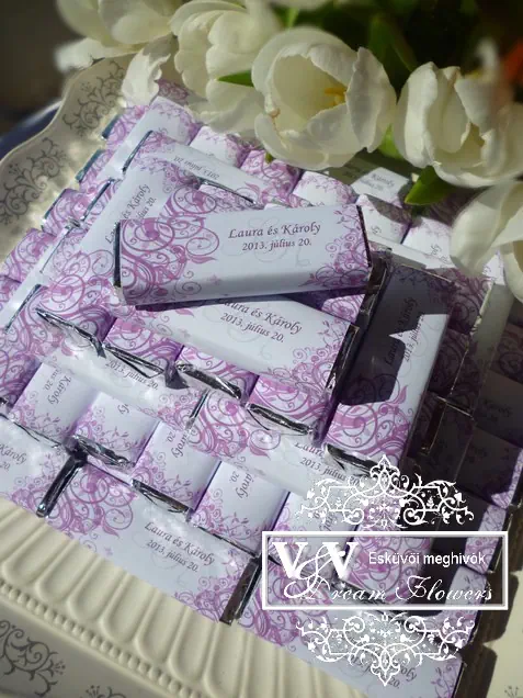 Esküvői csoki köszönetajándék cirkalmas mintával lila színben