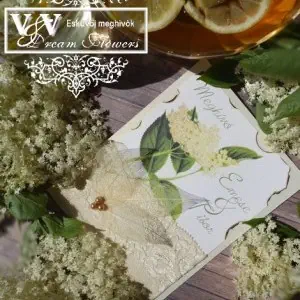 Esküvői meghívó csipkével és fátyollevelekkel bodzás vintage grafikával
