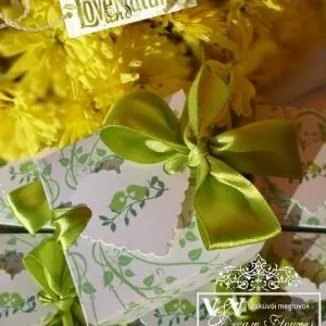 Fényképes esküvői meghívó almazöld kismadarakkal dobozos formátumban