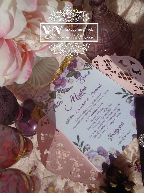 Padlizsán lila és rózsaszín esküvői meghívó - akár őszi esküvőkre is