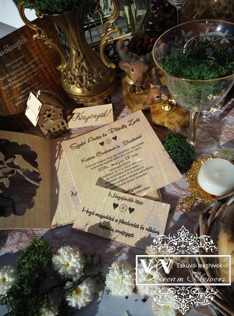 Esküvői meghívó, menü és ültetőkártya erdei esküvőre 